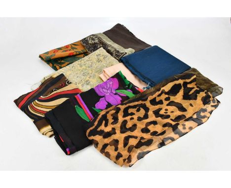 JAEGER; two silk scarves, one black with pink, red and green floral detail and one brown with geometric pattern circa 1970s, 