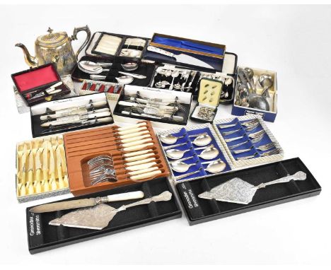 A selection of assorted silver plate including flatware. 