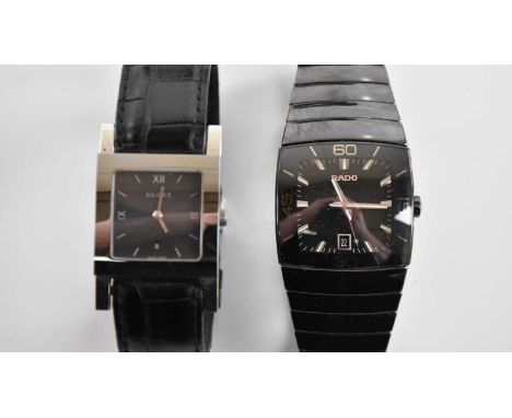 RADO; a gentleman's black ceramic wristwatch, with baton markers to the square dial set with date aperture, boxed with spare 