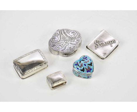 A collection of four trinket boxes, one enamel example, also a stamp case, each stamped 925, combined approx 2.13ozt/66.2g (5