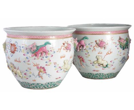 Pair of Chinese famille rose fish bowls applied with auspicious objects, Qing Dynasty diameter 44cm. Condition report: No dam