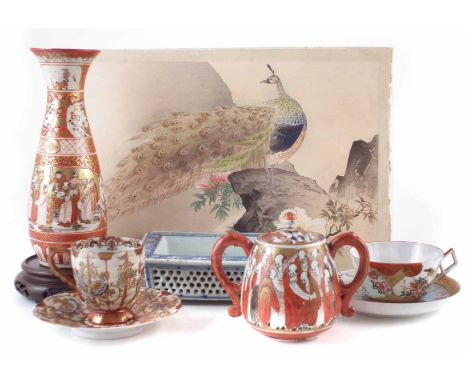 Collection of Japanese Kutani ware and a woodblock print of a Peacock, to include a lidded sucrier, two cups and saucers, and