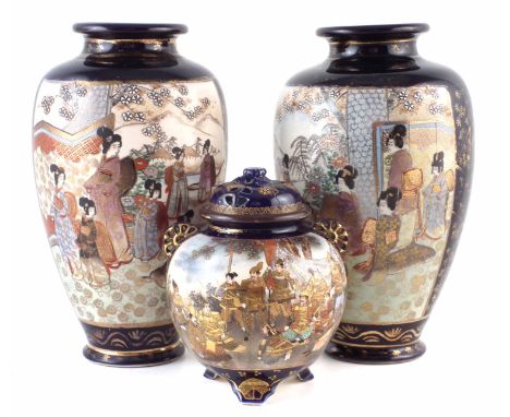 Japanese lidded satsuma vase, finely painted with Samurai warriors and Geisha, with pierced cover and handles, seal mark to b