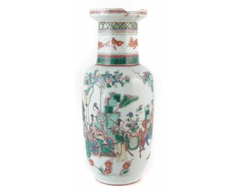 Chinese famille verte rouleau vase, painted with a procession of ladies and beasts, Kangxi reign circa 1685 - 1710 46cm high.