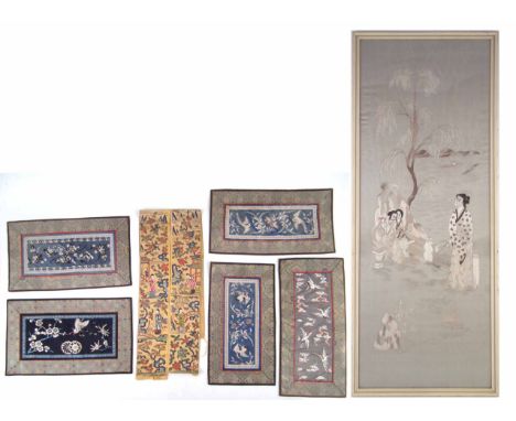 Chinese silk sash , embroidered with figures in garden scenes on a yellow ground, also five silk panels and a framed silk pic
