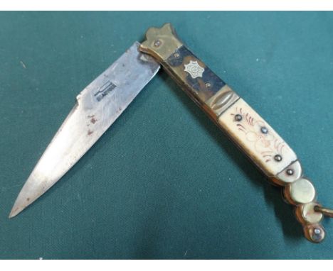 19th C small Spanish Navaja folding knife 4inch steel blade stamped with Beauvoir with trademark 5inch. Bone and tortoiseshel