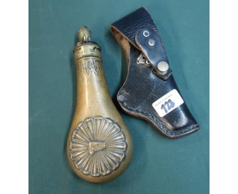 Small leather pistol holder and a brass &amp; copper powder flask, the body with embossed dogs head (2) 