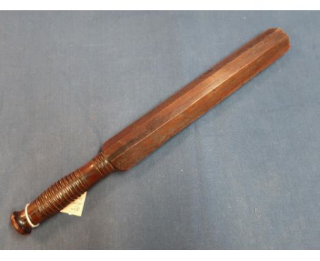 Unusual 19th C mahogany hexagonal truncheon with turned handle and marked 1855 L44cm (17 1/4inch) 
