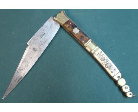19th C Spanish Navaja folding knife stamped Beauvoir with trademark on 7inch steel blade which is acid etched with foliate de
