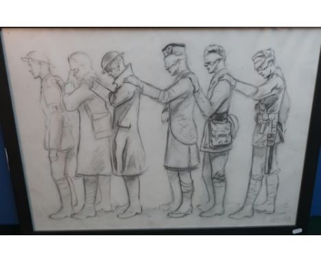 Framed and mounted charcoal sketch "Gas Attack" depicting soldiers from the front WWI, signed by the artist Sorem Hawkes (76c