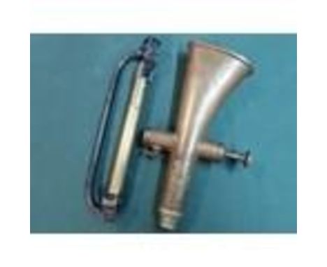 Unusual copper horn with single key stamped 52, and a brass bodied military scales stamped Esilien Hill Henston, with broad a