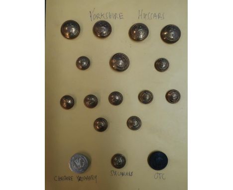 Sheet mounted with Yorkshire Hussar brass military buttons and white metal button for the Cheshire yeomanry and other includi