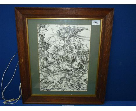 A reproduction of an Albrecht Durer engraving depicting The four horsemen of the apocalypse, in period oak frame, 18" x 21".