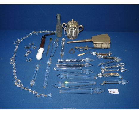 A small quantity of miscellanies to include: chandelier lustre droppers, paper knives, a pipe, hair brush with plated back, e