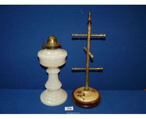 A six branch Brass display stand on enamel and mahogany base, 17" tall, plus a 19th century cream opaline glass Lamp 13" tall