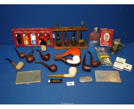 A small quantity of pipes, cigarette lighter, RAF cigarette case and Art Deco cigarette case, pipe rack, etc.
