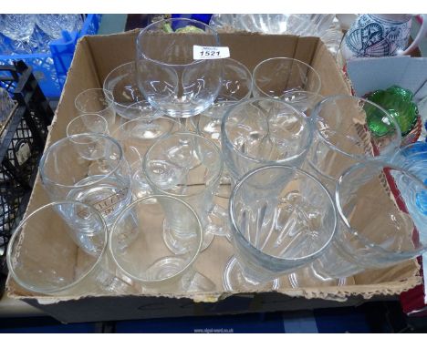 A quantity of glass to include vintage etched glass sundae dishes plus two etched glass sherry glasses, four Knickerbocker Gl