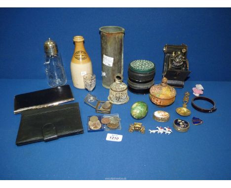 A small quantity of miscellanea including Abergavenny stoneware bottle, Voigtlander camera, sugar sifter, coins, etc.