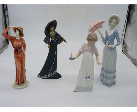 A small group of figures including a Lladro Lady with parasol, Nao Girl in nightdress and holding a chamberstick (one finger 