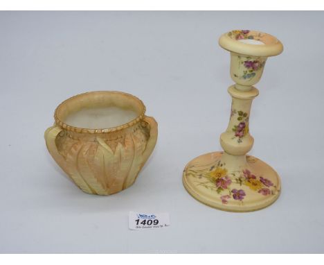 A Royal Worcester Pot with raised palm leaf decoration with three of the leaves making small handles (one broken off), date m