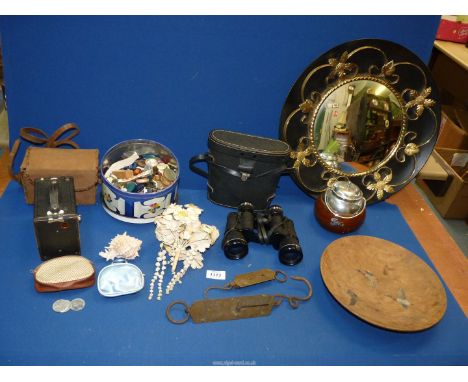 A quantity of miscellaneous to include: a cased Hanimex binoculars, convex mirror, a vintage wedding cake topper, a tin of bu