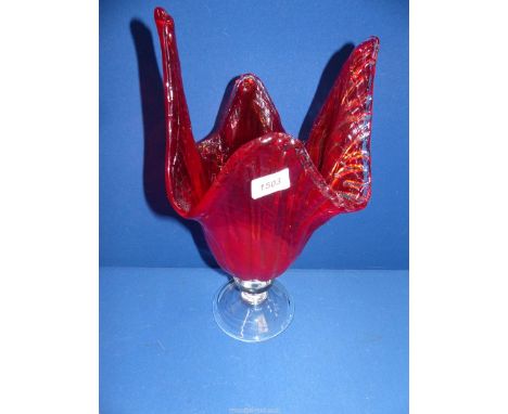 A large centrepiece footed vase with red lattice handkerchief bowl on clear stem on wide foot  17" tall.