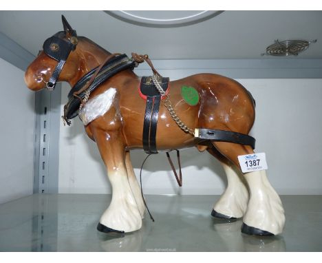 A large Melba ware Shire horse,bay with four white feet in full harness  11" tall x 12" long.