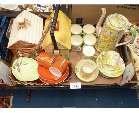 A quantity of china to include: "Golden primrose" coffee set, Price Kensington cottage biscuit barrel, Carlton ware leaf dish