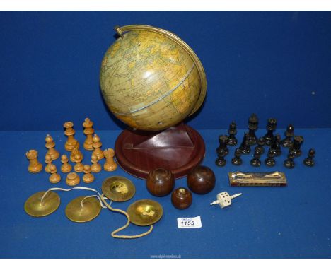 Two Jaques of London miniature lignum vitae indoor Carpet bowls, an incomplete chess set, 19th century Bone spinning top dice