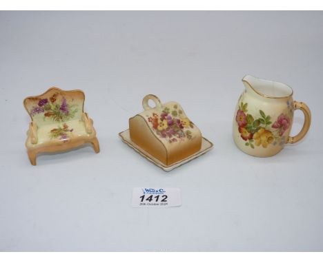 Three miniature pieces including Royal Worcester jug date for 1899, Royal Ivory cheese dish and unmarked salon sofa.