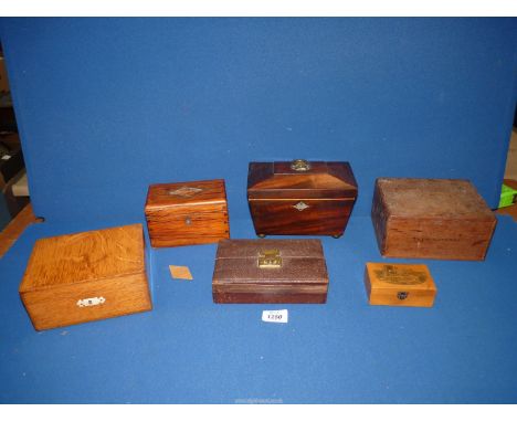 A mahogany sarcophagus tea caddy, a jewellery case and box, a money box, etc (some as found).