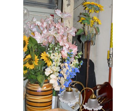 2 POINT TABLE LAMP, SUITCASE, MAGAZINE RACK, 2 MODERN BAROMETERS, DESK FAN &amp; VARIOUS VASES WITH ARTIFICIAL FLOWER DISPLAY