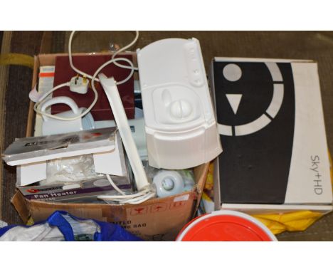 BAG &amp; BOX CONTAINING GOLF BALLS, TOOLS, SKY BOX, FAN HEATER, TEAS MAID &amp; GENERAL HOUSEHOLD ITEMS     