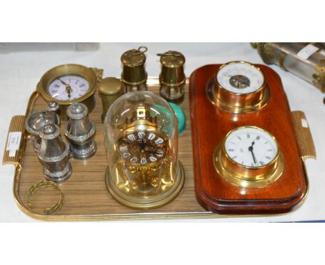 TRAY CONTAINING COMBINATION CLOCK BAROMETER, MINIATURE MINER LAMPS, GILT GLASS DOME CLOCK, CRUET SET ETC     
