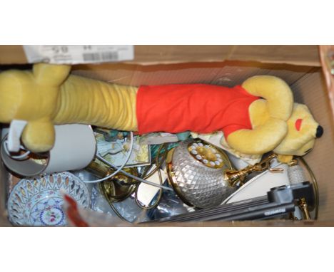 BOX CONTAINING SMALL WICKER HAMPER, DRAFT EXCLUDER, TELEPHONE, VARIOUS ORNAMENTS, DECORATIVE BOWL ETC     