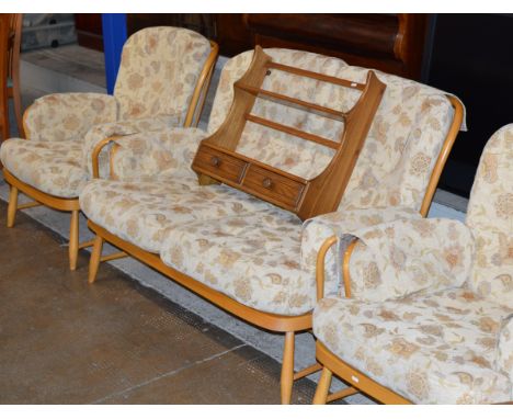 3 PIECE ERCOL LIGHT OAK FRAMED LOUNGE SUITE COMPRISING 2 SEATER SETTEE &amp; 2 SINGLE ARM CHAIRS     