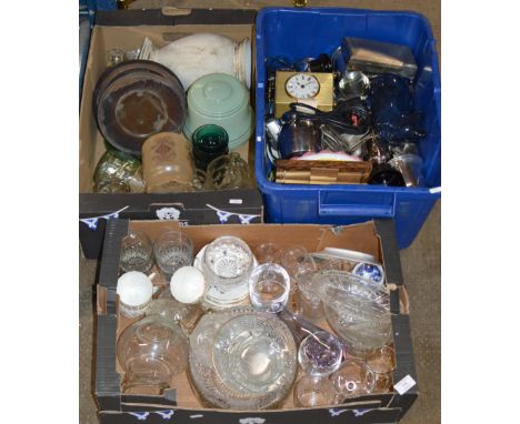 3 BOXES CONTAINING VARIOUS CRYSTAL &amp; GLASS WARE, POTTERY CAT ORNAMENT, MANTLE CLOCK, GLASS SHADE, EP WARE ETC     