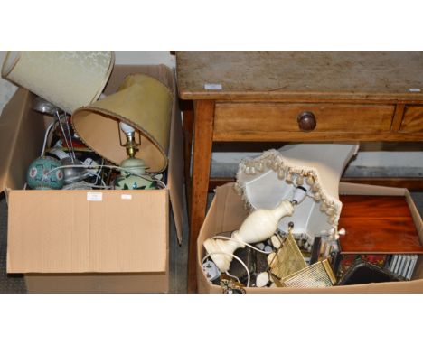 2 BOXES CONTAINING MALING LAMP, VARIOUS OTHER LAMPS, GINGER JAR, CDS &amp; GENERAL BRIC-A-BRAC     