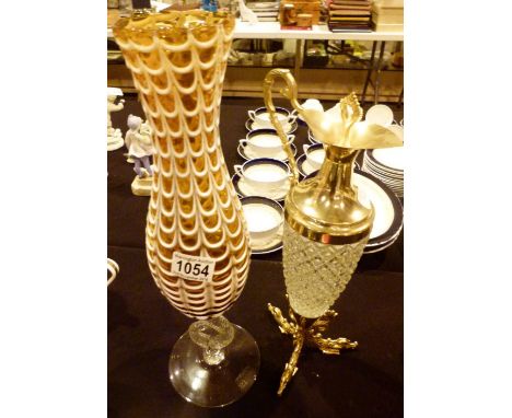 CLARET JUG AND VASE. Gold plated claret jug and vintage glass vase