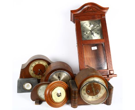 3 early 20th century oak dome-top mantel clocks, and an oak wall clock 
