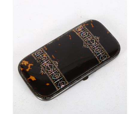 A Victorian steel-framed pocket case, with mother-of-pearl and gold inlaid tortoiseshell sides, length 14cm 