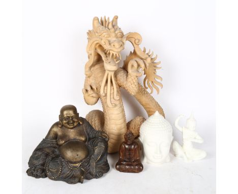 A Chinese carved dragon, a modern concept Buddha figure, a carved wood Buddha figure, and a ceramic Buddha's head etc (5) 