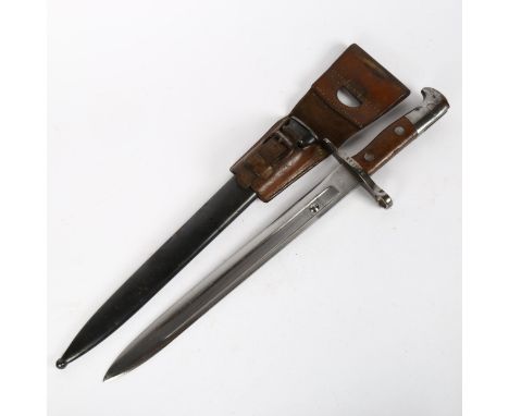 A Schmidt Ruben 1889 pattern bayonet and scabbard, no. 258103, with leather frog, blade length 30cm 