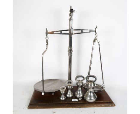 Vintage chrome plate balance scales, with 4 bell weights, height 65cm 