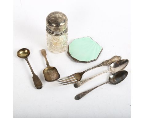 An early 20th century engine turned silver and green enamel compact, silver caddy spoon, and various other silver spoons, a s