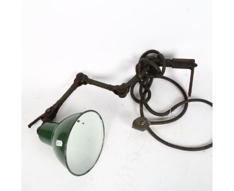 A mid-century industrial machinist's anglepoise bench lamp, with green enamel shade, diameter 16cm 