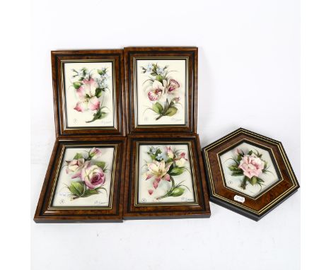 CAPODIMONTE - a set of 5 ceramic floral wall plaques, all framed 