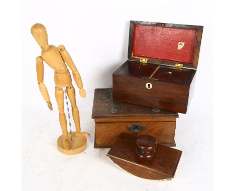 A Georgian rosewood tea caddy, an oak box desk blotter, and an articulated figure 