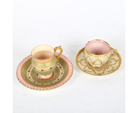 A Royal Worcester China Works reticulated coffee can and matching saucer, and a Coalport pink ground gilded and turquoise dec