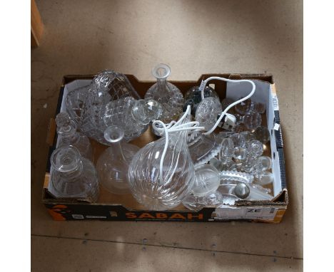 Various glass decanters, decanter stoppers, and a glass pendant light fitting (boxful) 